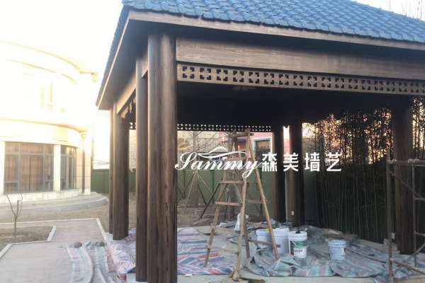 天津北辰区云鼎花园水泥凉亭仿木纹漆施工